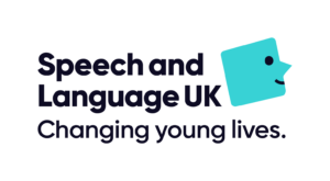 Speech and Language UK's logo featuring black text and a blue square smiling character. The tagline reads 'changing young lives'